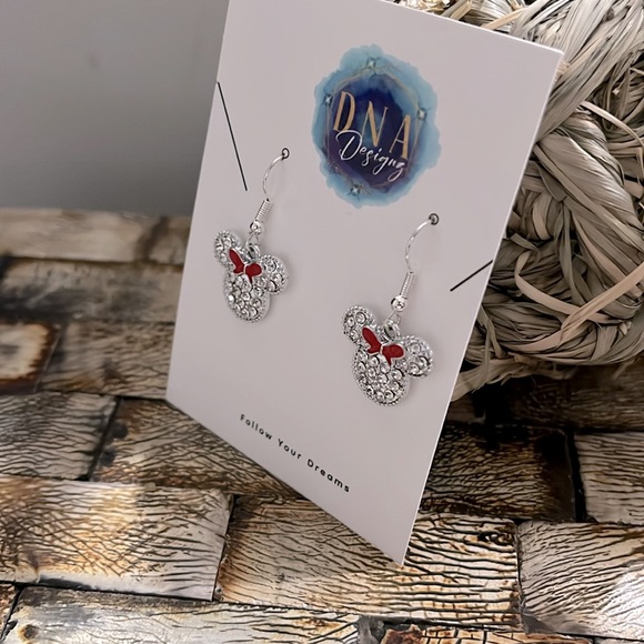 NEW Minnie Mouse Silver Red Bow Earrings - Hypoallergenic - Picture 2 of 6